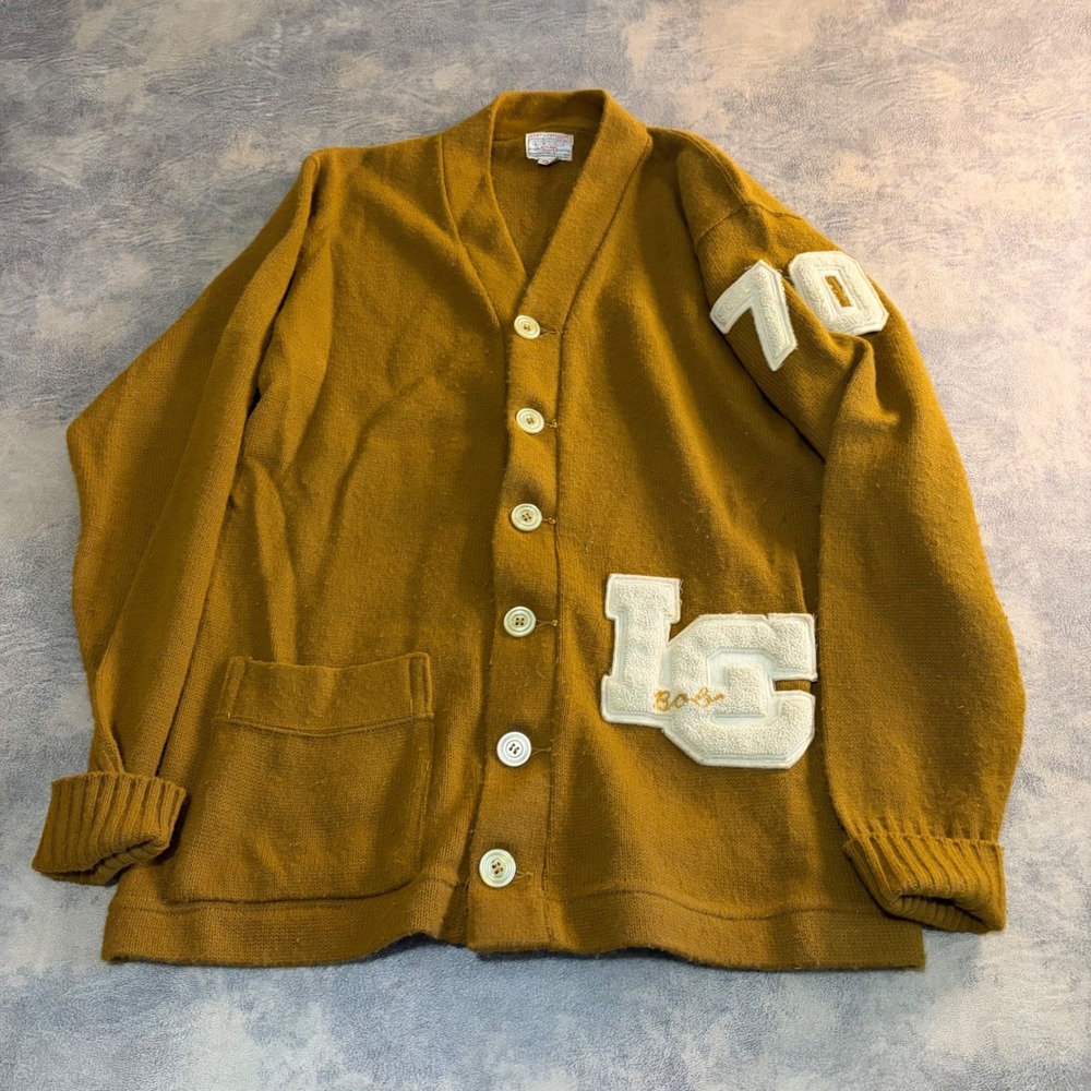 Sand-Knit Varsity Cardigan Sweater Mens 38 (M) Mustard Yellow True‎ Vintage